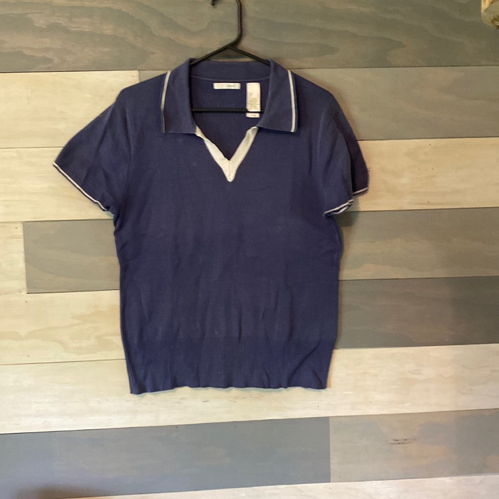 Women’s knit  Liz golf shirt. Blue with white trim, short sleeve , Size large